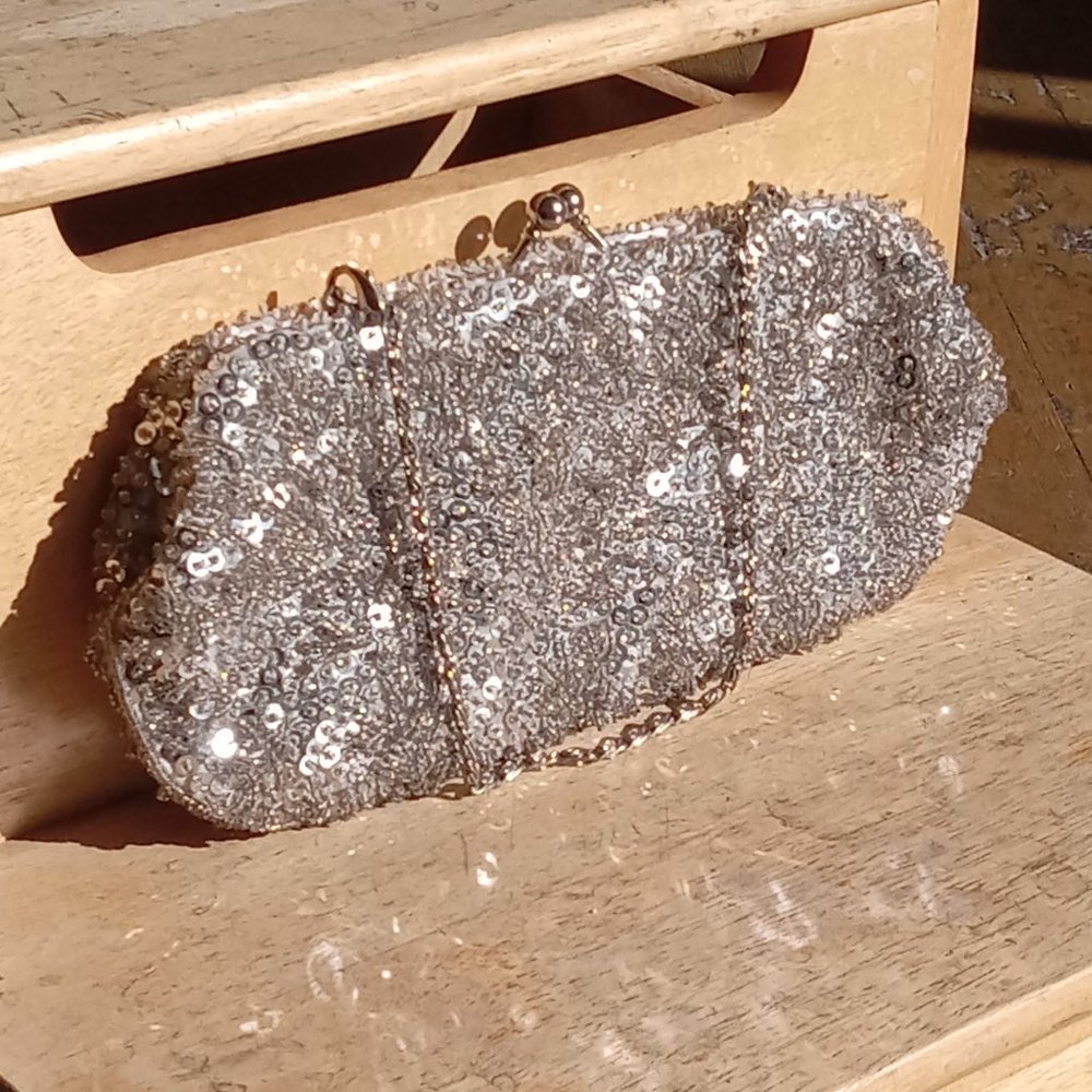 Carlo Fellini Sequin Evening Clutch with Chain - Silver